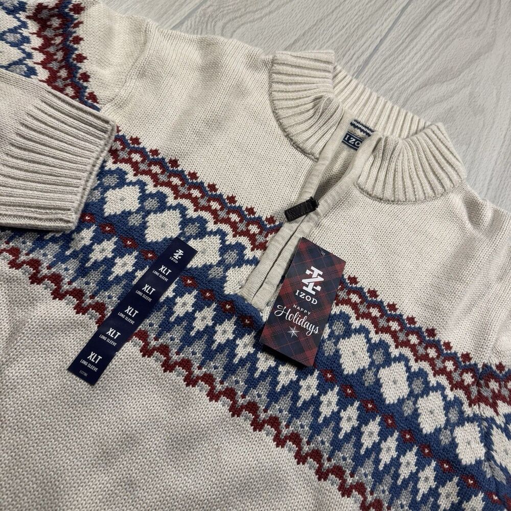 Izod 1/4 Zip Fair Isle Sweater Men’s XL Tall Beige Chunky Knit Holiday Heavy New